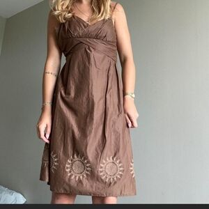 Loft embroidered sun design trim Boho strappy fit amd flare Sundress